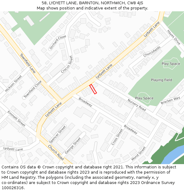 58, LYDYETT LANE, BARNTON, NORTHWICH, CW8 4JS: Location map and indicative extent of plot