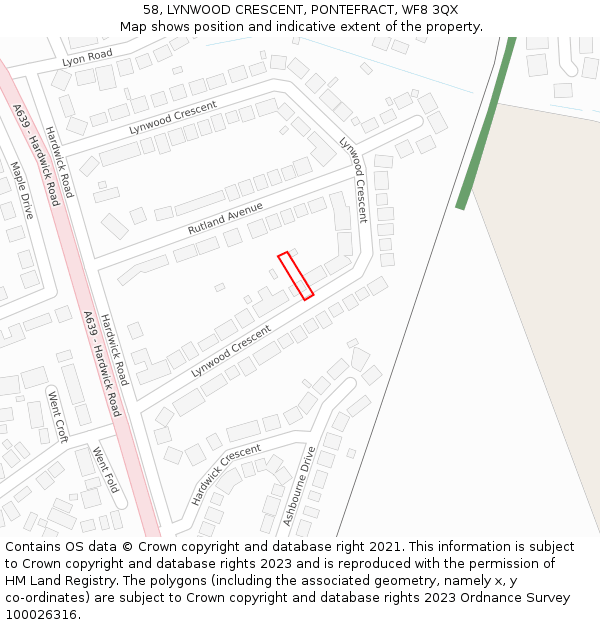 58, LYNWOOD CRESCENT, PONTEFRACT, WF8 3QX: Location map and indicative extent of plot