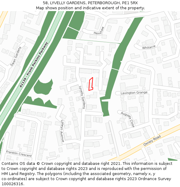 58, LYVELLY GARDENS, PETERBOROUGH, PE1 5RX: Location map and indicative extent of plot