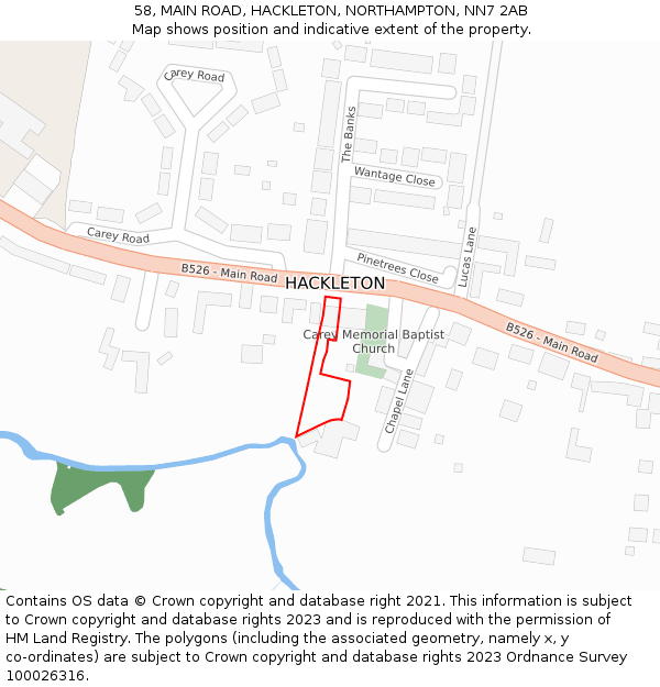 58, MAIN ROAD, HACKLETON, NORTHAMPTON, NN7 2AB: Location map and indicative extent of plot