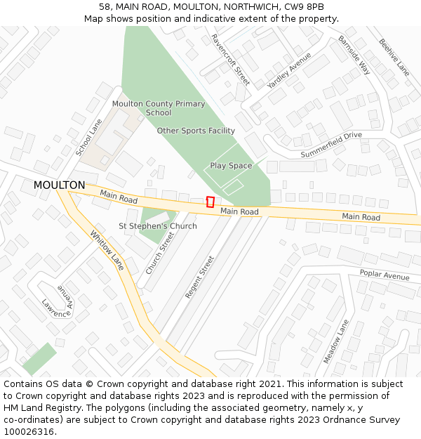 58, MAIN ROAD, MOULTON, NORTHWICH, CW9 8PB: Location map and indicative extent of plot