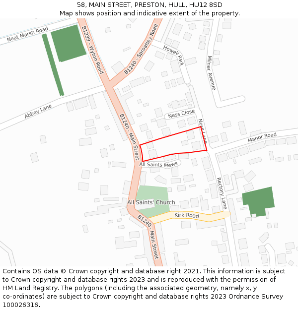 58, MAIN STREET, PRESTON, HULL, HU12 8SD: Location map and indicative extent of plot