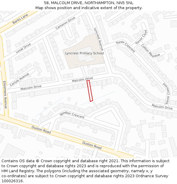 58, MALCOLM DRIVE, NORTHAMPTON, NN5 5NL: Location map and indicative extent of plot