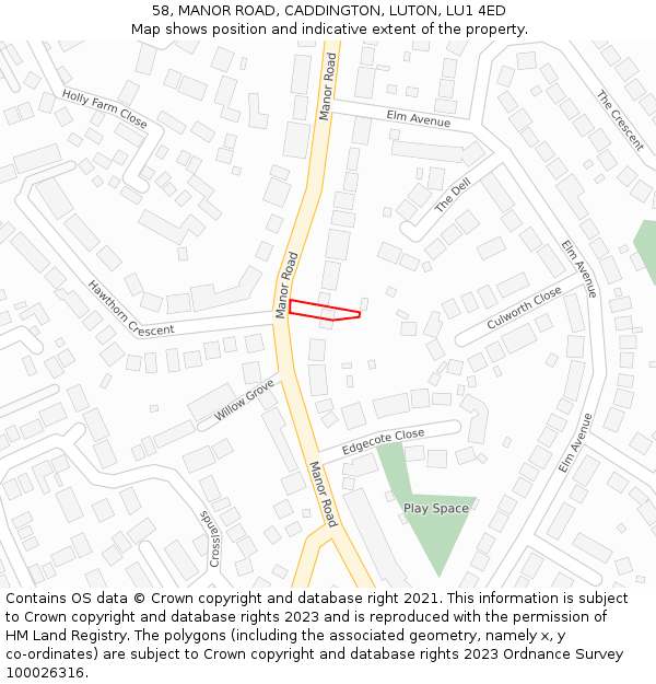 58, MANOR ROAD, CADDINGTON, LUTON, LU1 4ED: Location map and indicative extent of plot