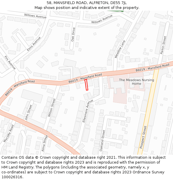 58, MANSFIELD ROAD, ALFRETON, DE55 7JL: Location map and indicative extent of plot