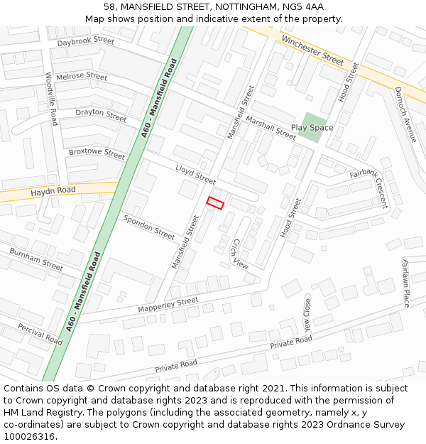 58, MANSFIELD STREET, NOTTINGHAM, NG5 4AA: Location map and indicative extent of plot