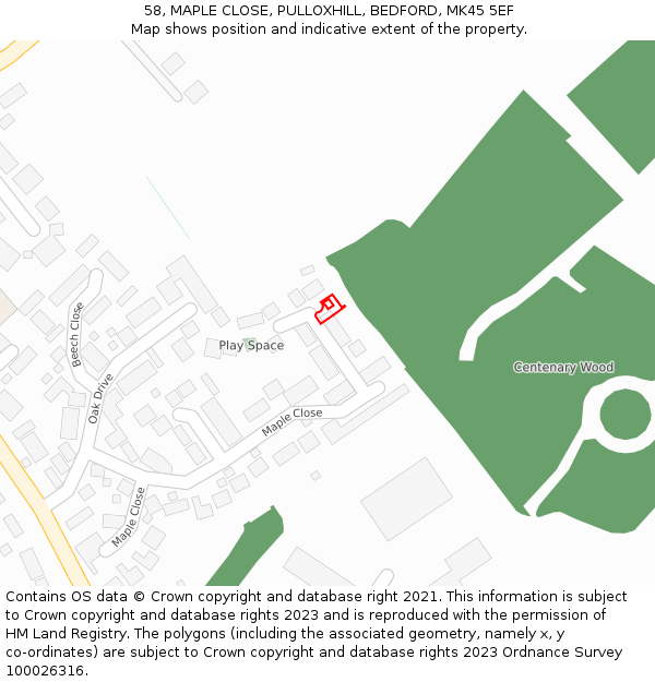 58, MAPLE CLOSE, PULLOXHILL, BEDFORD, MK45 5EF: Location map and indicative extent of plot