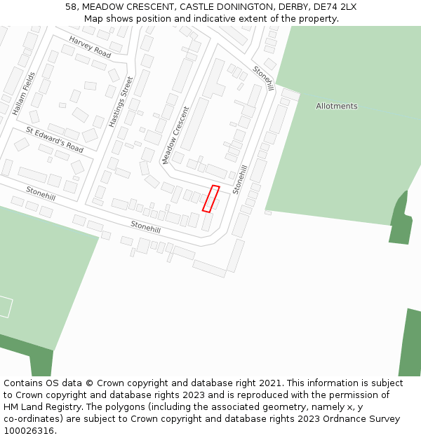 58, MEADOW CRESCENT, CASTLE DONINGTON, DERBY, DE74 2LX: Location map and indicative extent of plot