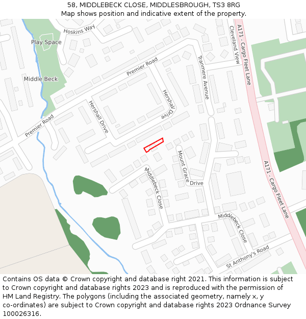 58, MIDDLEBECK CLOSE, MIDDLESBROUGH, TS3 8RG: Location map and indicative extent of plot