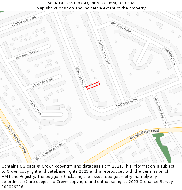 58, MIDHURST ROAD, BIRMINGHAM, B30 3RA: Location map and indicative extent of plot