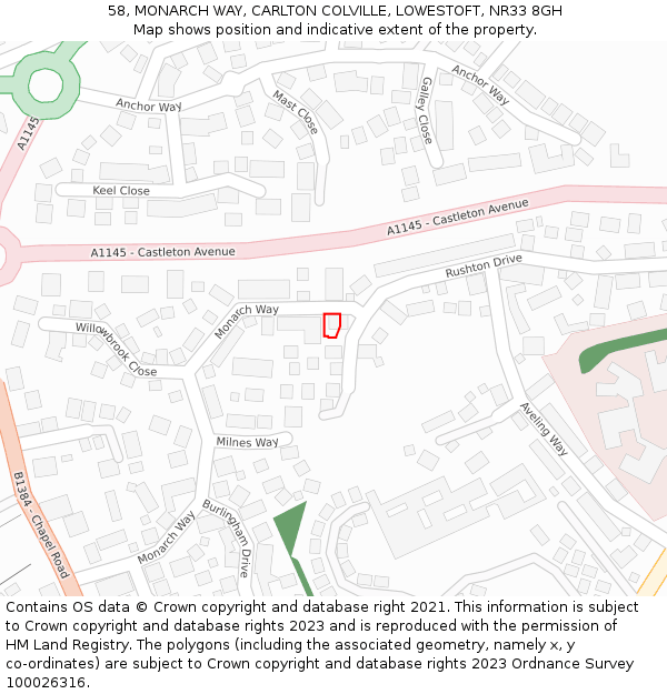 58, MONARCH WAY, CARLTON COLVILLE, LOWESTOFT, NR33 8GH: Location map and indicative extent of plot