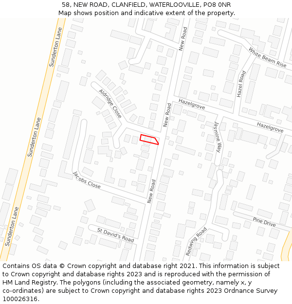 58, NEW ROAD, CLANFIELD, WATERLOOVILLE, PO8 0NR: Location map and indicative extent of plot