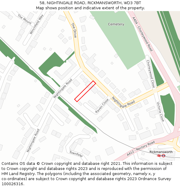 58, NIGHTINGALE ROAD, RICKMANSWORTH, WD3 7BT: Location map and indicative extent of plot