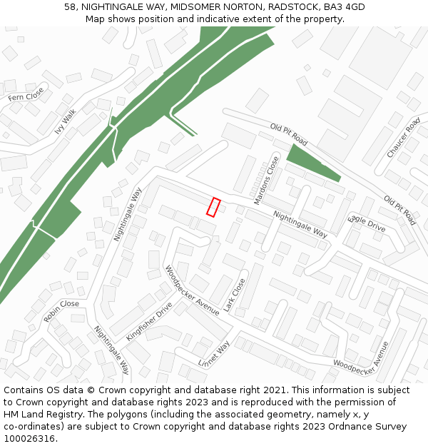 58, NIGHTINGALE WAY, MIDSOMER NORTON, RADSTOCK, BA3 4GD: Location map and indicative extent of plot