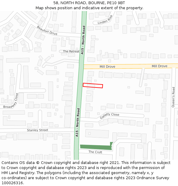 58, NORTH ROAD, BOURNE, PE10 9BT: Location map and indicative extent of plot