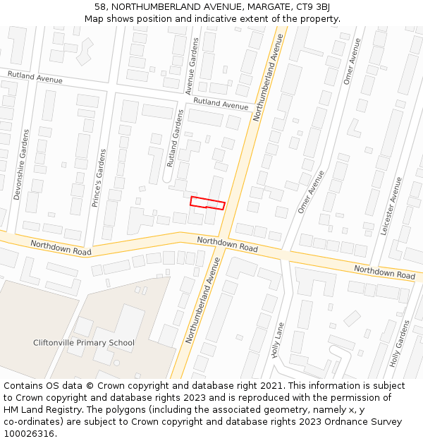 58, NORTHUMBERLAND AVENUE, MARGATE, CT9 3BJ: Location map and indicative extent of plot