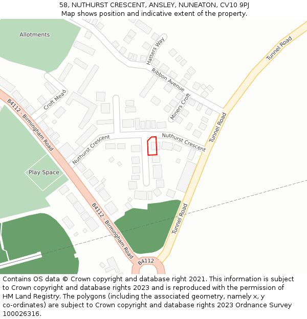 58, NUTHURST CRESCENT, ANSLEY, NUNEATON, CV10 9PJ: Location map and indicative extent of plot