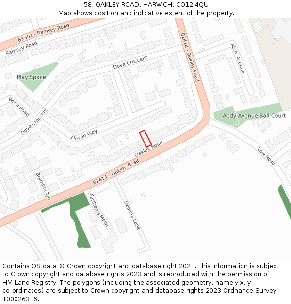 58, OAKLEY ROAD, HARWICH, CO12 4QU: Location map and indicative extent of plot