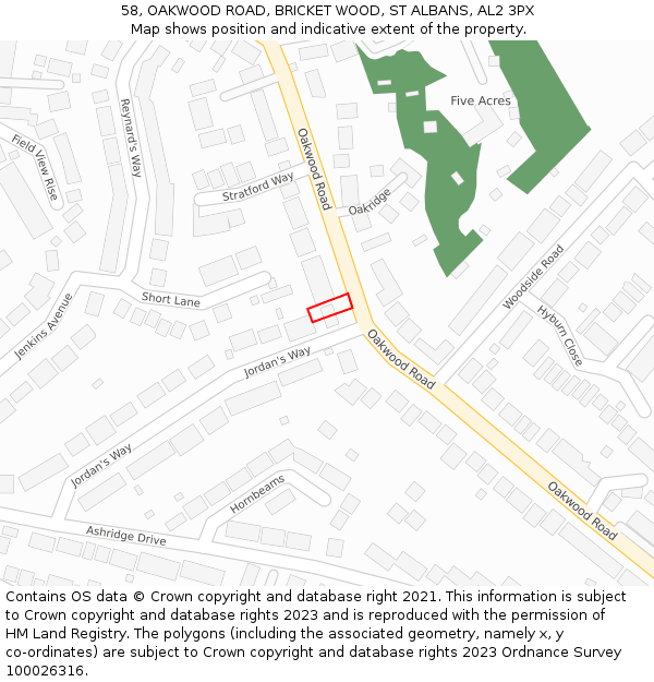 58, OAKWOOD ROAD, BRICKET WOOD, ST ALBANS, AL2 3PX: Location map and indicative extent of plot