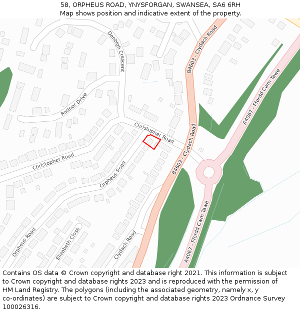 58, ORPHEUS ROAD, YNYSFORGAN, SWANSEA, SA6 6RH: Location map and indicative extent of plot