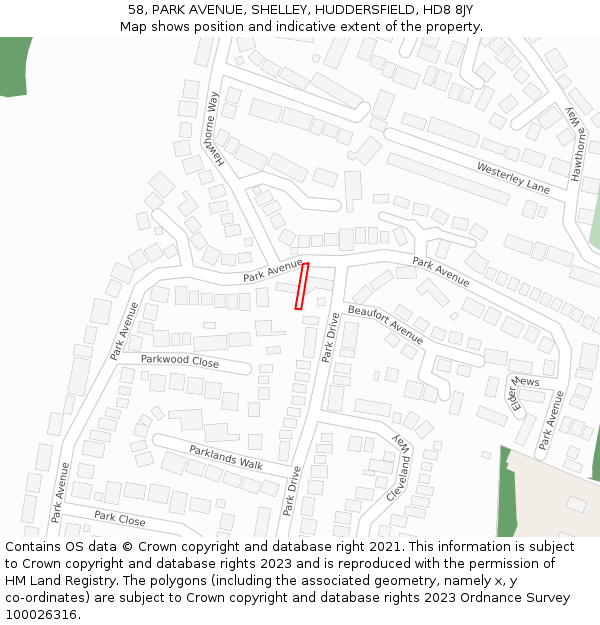 58, PARK AVENUE, SHELLEY, HUDDERSFIELD, HD8 8JY: Location map and indicative extent of plot