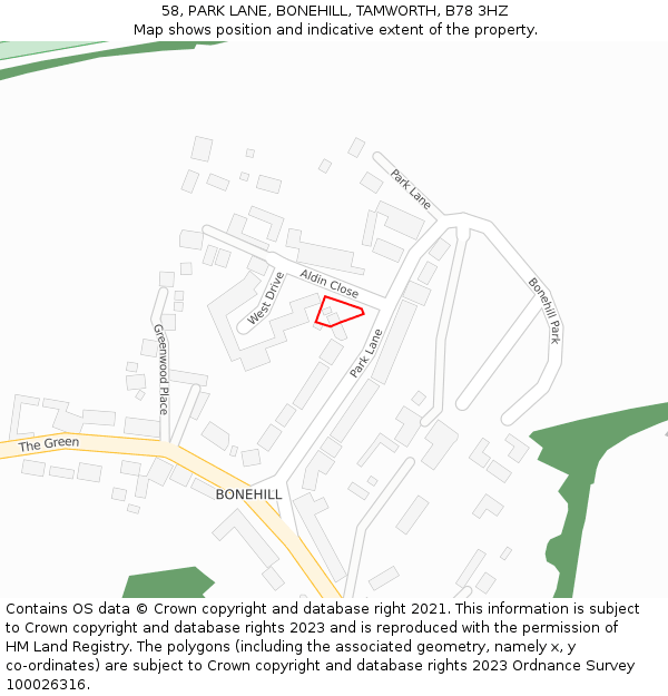 58, PARK LANE, BONEHILL, TAMWORTH, B78 3HZ: Location map and indicative extent of plot