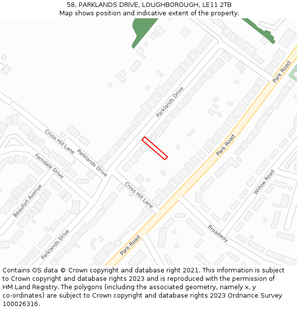 58, PARKLANDS DRIVE, LOUGHBOROUGH, LE11 2TB: Location map and indicative extent of plot
