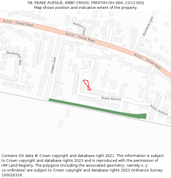 58, PEAKE AVENUE, KIRBY CROSS, FRINTON-ON-SEA, CO13 0SQ: Location map and indicative extent of plot