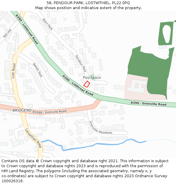 58, PENDOUR PARK, LOSTWITHIEL, PL22 0PQ: Location map and indicative extent of plot