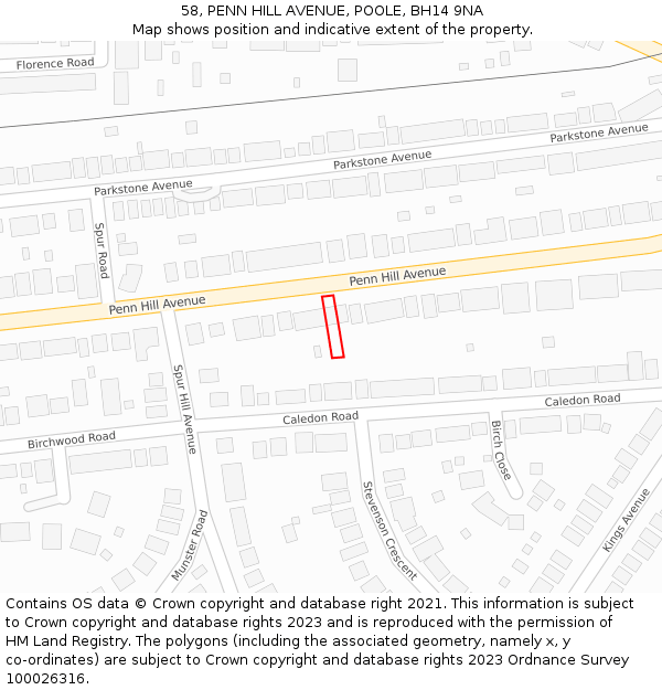 58, PENN HILL AVENUE, POOLE, BH14 9NA: Location map and indicative extent of plot