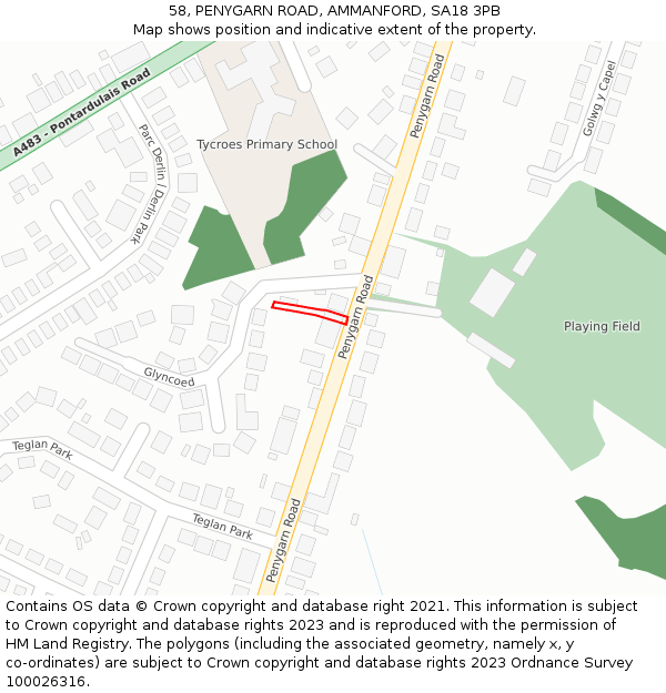 58, PENYGARN ROAD, AMMANFORD, SA18 3PB: Location map and indicative extent of plot