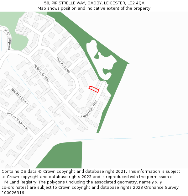 58, PIPISTRELLE WAY, OADBY, LEICESTER, LE2 4QA: Location map and indicative extent of plot