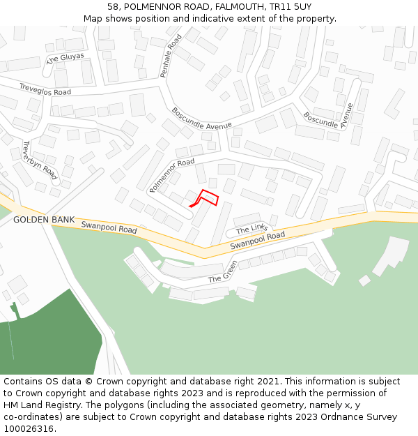 58, POLMENNOR ROAD, FALMOUTH, TR11 5UY: Location map and indicative extent of plot