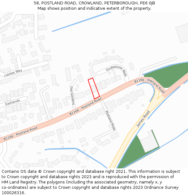 58, POSTLAND ROAD, CROWLAND, PETERBOROUGH, PE6 0JB: Location map and indicative extent of plot