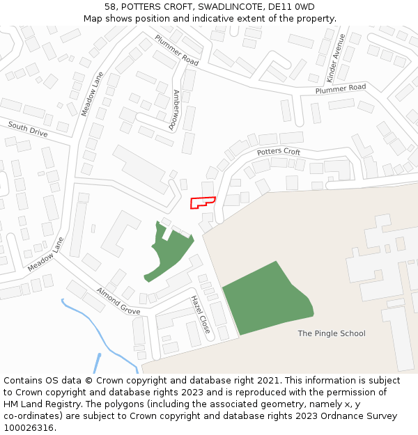 58, POTTERS CROFT, SWADLINCOTE, DE11 0WD: Location map and indicative extent of plot