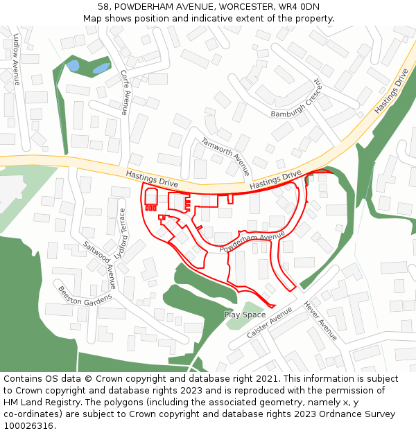 58, POWDERHAM AVENUE, WORCESTER, WR4 0DN: Location map and indicative extent of plot