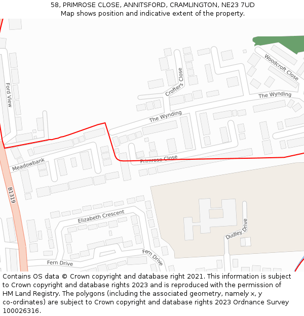 58, PRIMROSE CLOSE, ANNITSFORD, CRAMLINGTON, NE23 7UD: Location map and indicative extent of plot