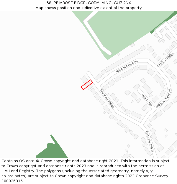 58, PRIMROSE RIDGE, GODALMING, GU7 2NX: Location map and indicative extent of plot