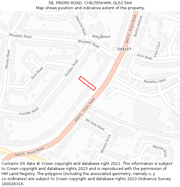 58, PRIORS ROAD, CHELTENHAM, GL52 5AA: Location map and indicative extent of plot