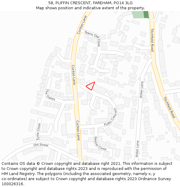 58, PUFFIN CRESCENT, FAREHAM, PO14 3LG: Location map and indicative extent of plot