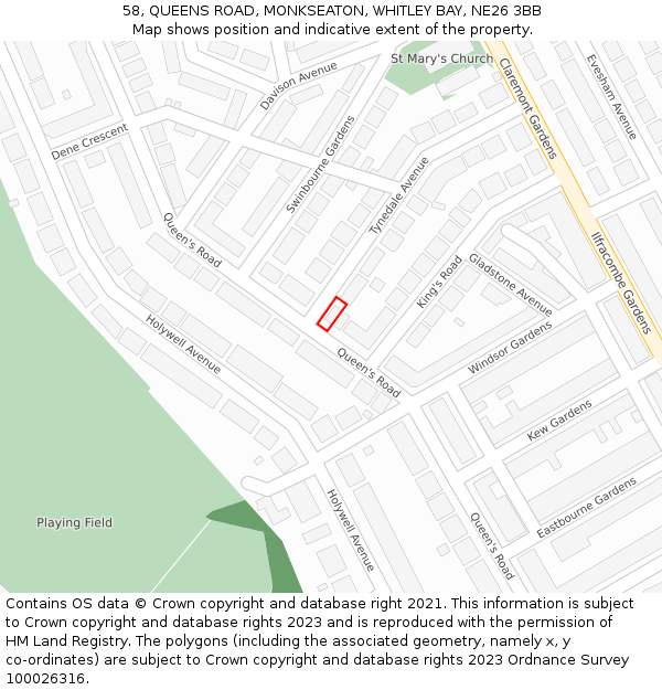 58, QUEENS ROAD, MONKSEATON, WHITLEY BAY, NE26 3BB: Location map and indicative extent of plot