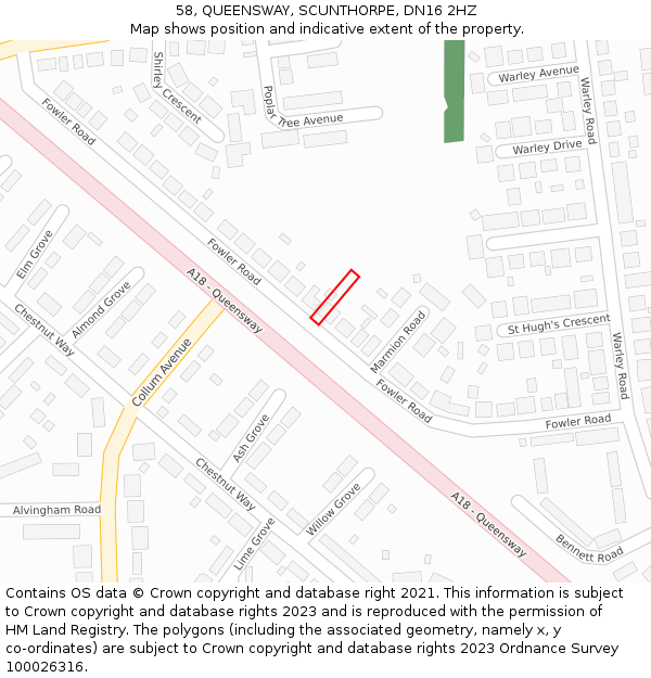 58, QUEENSWAY, SCUNTHORPE, DN16 2HZ: Location map and indicative extent of plot