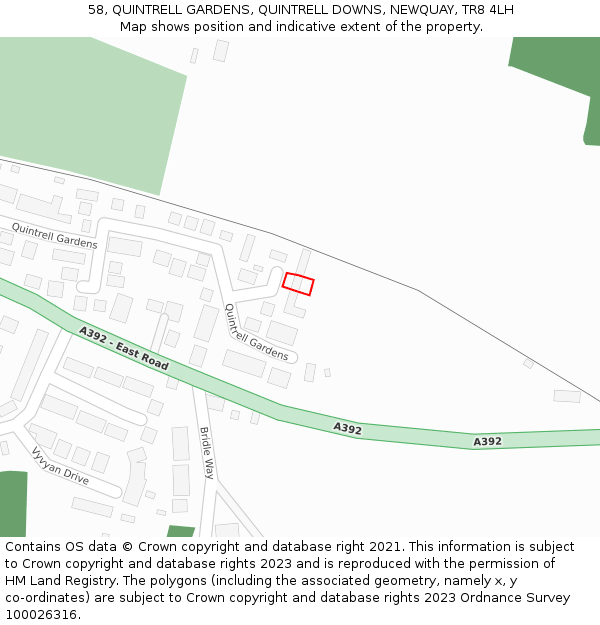 58, QUINTRELL GARDENS, QUINTRELL DOWNS, NEWQUAY, TR8 4LH: Location map and indicative extent of plot