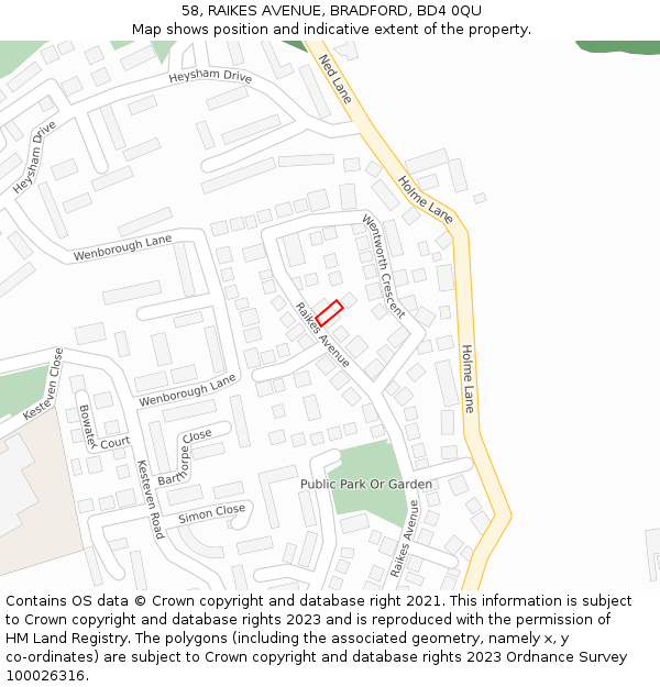 58, RAIKES AVENUE, BRADFORD, BD4 0QU: Location map and indicative extent of plot