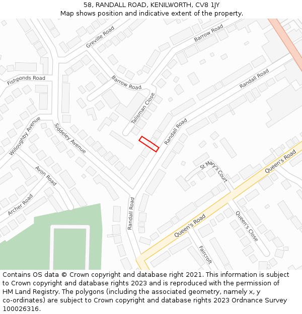 58, RANDALL ROAD, KENILWORTH, CV8 1JY: Location map and indicative extent of plot