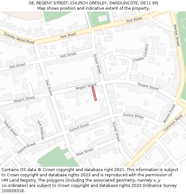 58, REGENT STREET, CHURCH GRESLEY, SWADLINCOTE, DE11 9PJ: Location map and indicative extent of plot