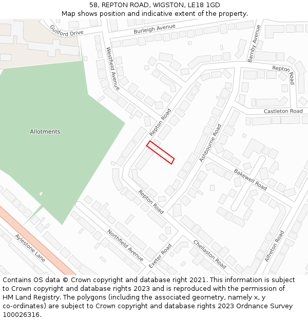 58, REPTON ROAD, WIGSTON, LE18 1GD: Location map and indicative extent of plot