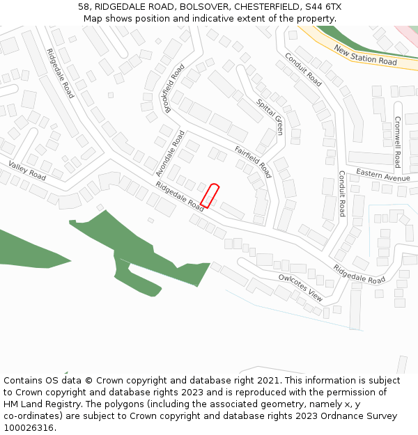 58, RIDGEDALE ROAD, BOLSOVER, CHESTERFIELD, S44 6TX: Location map and indicative extent of plot