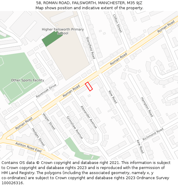 58, ROMAN ROAD, FAILSWORTH, MANCHESTER, M35 9JZ: Location map and indicative extent of plot