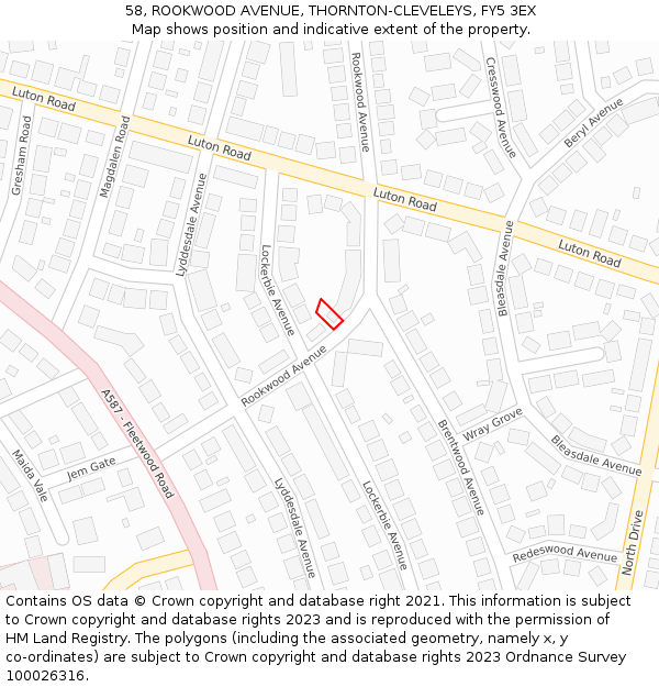 58, ROOKWOOD AVENUE, THORNTON-CLEVELEYS, FY5 3EX: Location map and indicative extent of plot